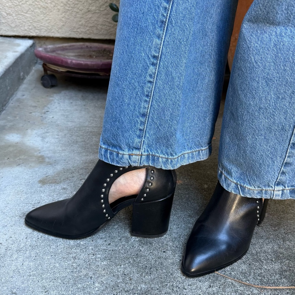 Steve Madden Black Leather Booties with Silver Accents and Chunky Heels